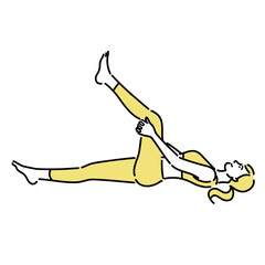 膝の裏を抱えて寝そべっている若い女性
