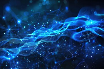 Abstract blue tech background with digital waves, dynamic network system, artificial neural connections, cyber quantum computing and electronic global intelligence
