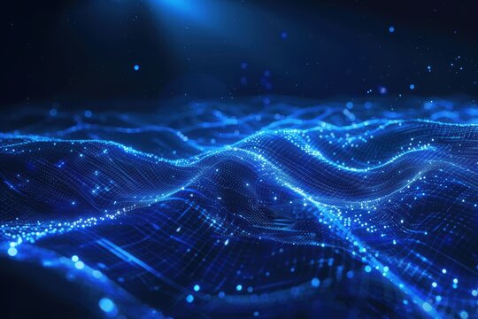 Abstract blue tech background with digital waves, dynamic network system, artificial neural connections, cyber quantum computing and electronic global intelligence