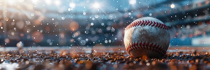 Close up of a baseball on a stadium background with a blurry crowd, a panoramic banner in the style of design
