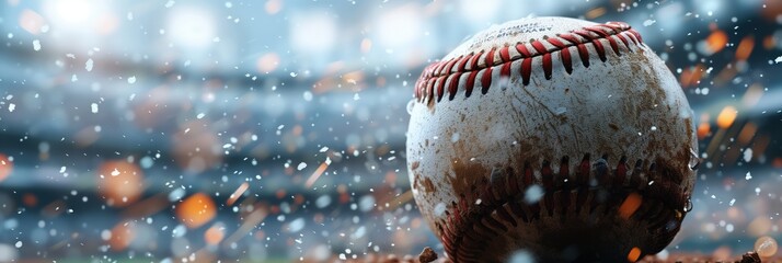 Close up of a baseball on a stadium background with a blurry crowd, a panoramic banner in the style of design