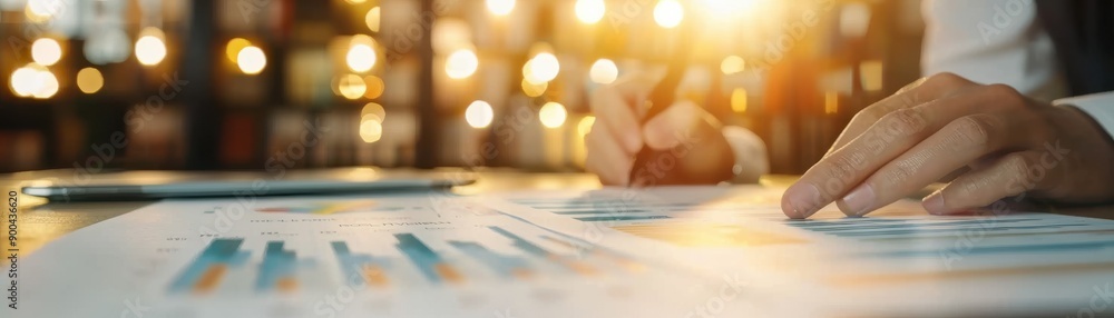 Poster an individual analyzing financial reports with charts and graphs, showcasing a professional workspac