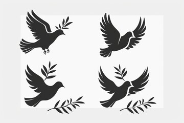 Fototapeta premium Peace dove graffiti, pigeons, twigs ink illustration. Flying birds silhouettes monochrome flat icons