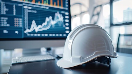 Elegant White Safety Helmet for Engineer's Workplace Desk with Online Dashboard Displaying Various Metrics