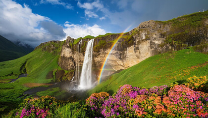 Obraz premium Green plants with flowers in a mountain and a waterfall with rainbow