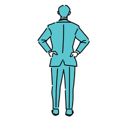 腰に手を当てて立っているスーツ姿の男性の後ろ姿
