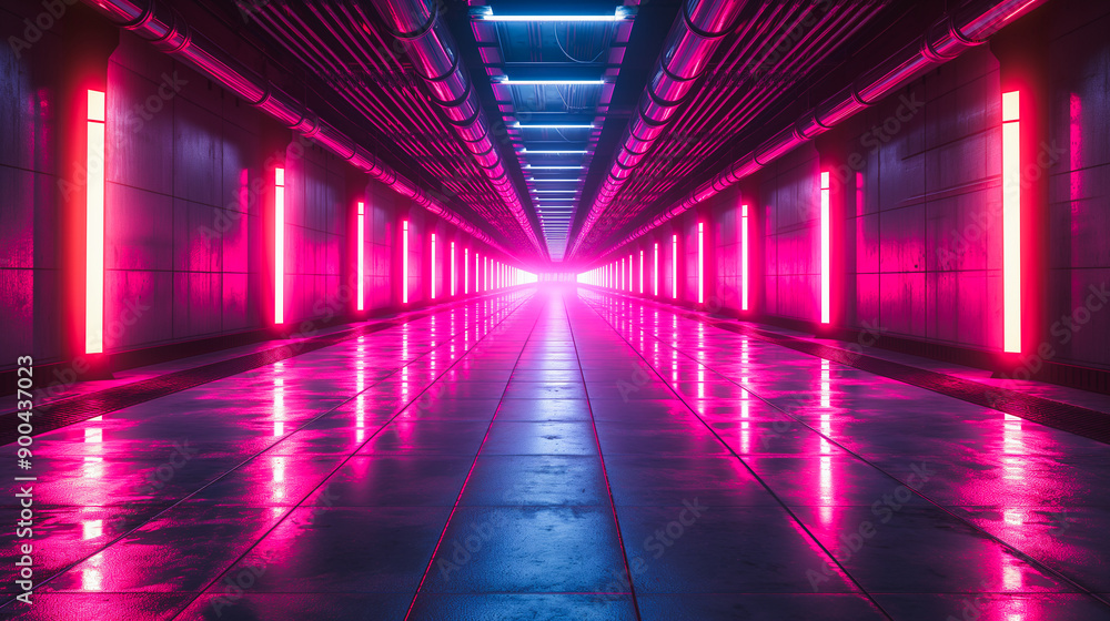 Poster glowing neon lines forming a long path in a dark setting, suitable for high-tech and party designs.