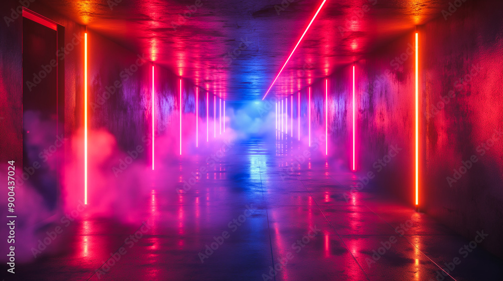 Poster glowing neon lines forming a long path in a dark setting, suitable for high-tech and party designs.