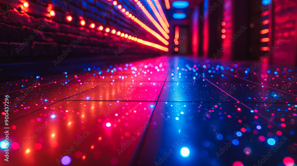 Poster glowing disco floor with an array of colorful lights creating a dynamic party atmosphere.