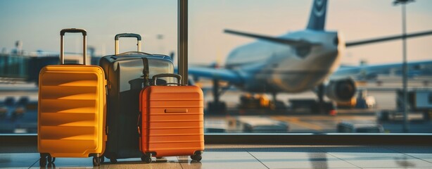 two suitcases and travel bag near window with airplane on airport background
