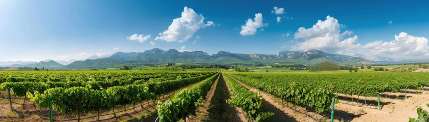 Breathtaking panoramic view of lush vineyard rows against majestic mountains under a clear blue sky.