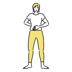 お腹と腰に手を当てて腰割りをしている若い女性
