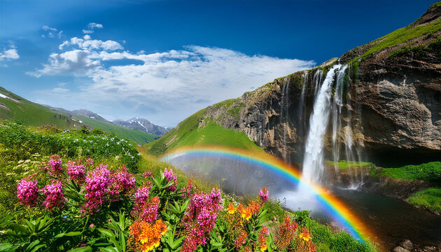 Green plants with flowers in a mountain and a waterfall with rainbow