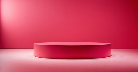 A vibrant pink circular podium bathed in soft spotlight against a pink corner backdrop. Ideal for showcasing beauty, fashion, or Valentine's Day products