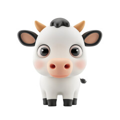 Cute illustration of a cartoon cow with big eyes, black and white patches, and small horns, ideal for children's designs.