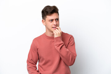 Young handsome Brazilian man isolated on white background nervous and scared