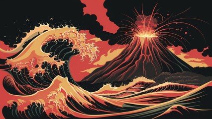 Obraz premium A flat illustration depicting a powerful tsunami crashing into a coastline, with a towering volcano erupting in the background
