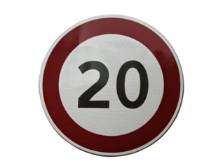 Image of a circular speed limit sign indicating a maximum speed of 20 miles per hour on a white background. Road safety sign.