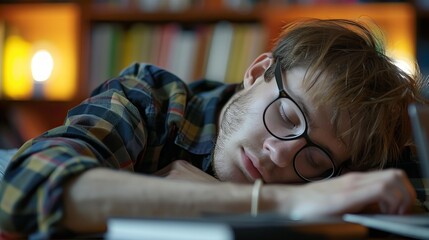 tired student sleeping on books in library