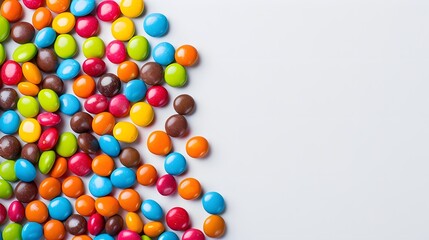 Obraz premium Smarties in corner, rounded colorful candies isolated on white background. 