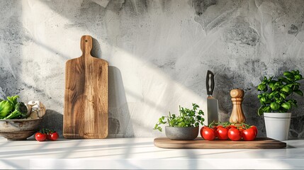 Fototapeta premium Minimalist Kitchen Table with Vegetables, Tomatoes, Knife, and Board