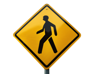 Pedestrian crossing sign isolated on white background, yellow diamond-shaped warning sign with a black pedestrian silhouette.