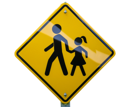 Yellow pedestrian crossing sign with figures of an adult and child holding hands, indicating a school zone or pedestrian walkway.