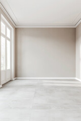 Obraz premium Elegant empty room interiors with a large window, neutral colors, natural lighting and copyspace. Empty property interiors.