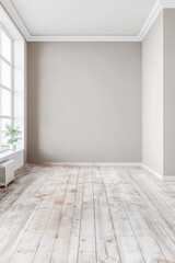 Fototapeta premium Elegant empty room interiors with a large window, neutral colors, natural lighting and copyspace. Empty property interiors.