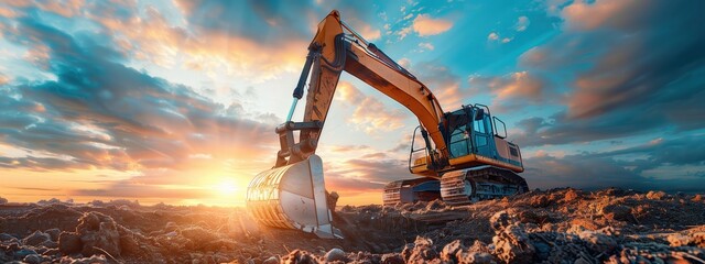 Ex bitte the background sky blue, an excavator is digging in the ground at construction site