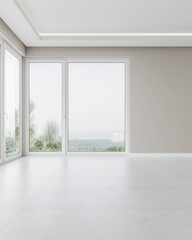 Obraz premium Elegant empty room interiors with a large window, neutral colors, natural lighting and copyspace. Empty property interiors.