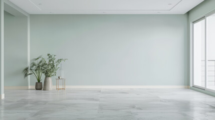 Elegant empty room interiors with a large window, neutral colors, natural lighting and copyspace. Empty property interiors.