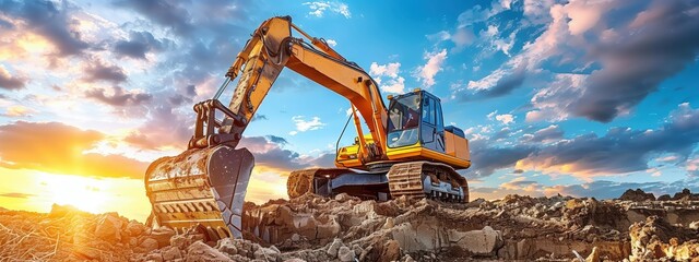 heavy machinery, excavator is digging the ground on construction site, blue sky