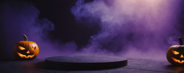 A spooky Halloween scene with two jack-o-lanterns flanking a dark podium amidst purple smoke. Perfect for showcasing Halloween-themed products or creating a spooky atmosphere