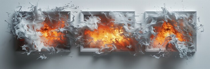 3 burning frames, white background, hyper realistic photography in the style of unknown artist