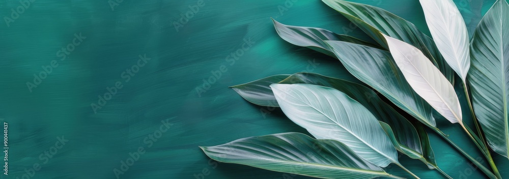 Canvas Prints Green Leaves on Teal Background