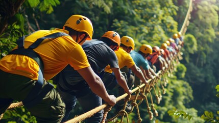 A group of people are climbing a rope course, with some wearing yellow shirts