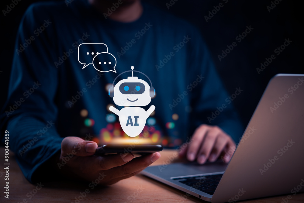Poster person using smartphone with holographic ai chatbot, representing virtual assistance and digital int