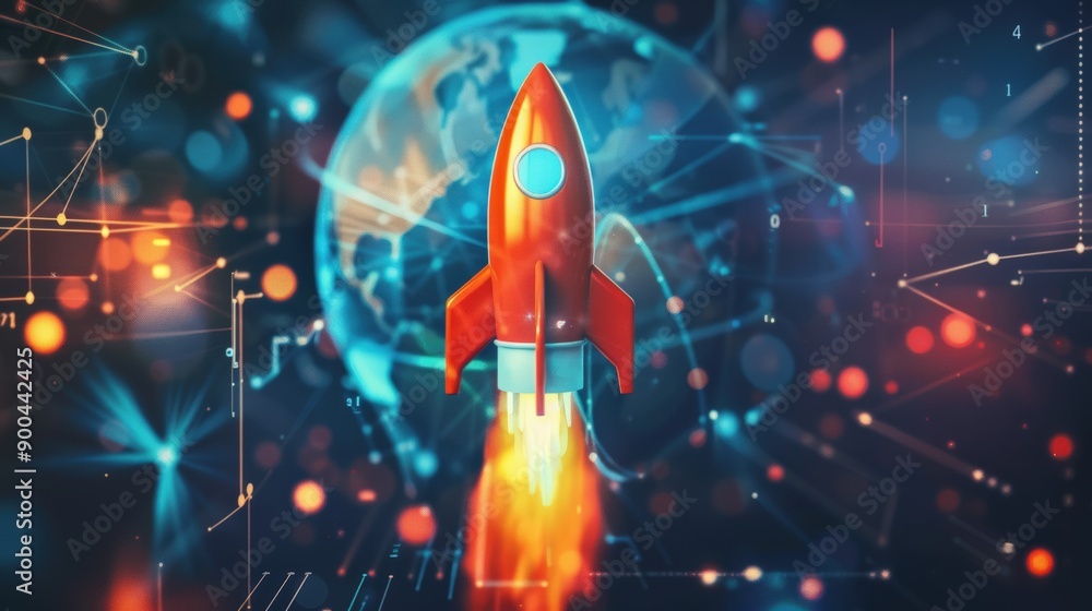 Poster a rocket is flying through space with a planet in the background. the image has a futuristic and adv