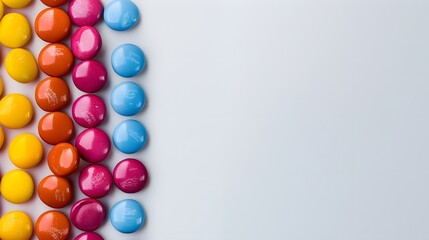 Obraz premium Smarties in corner, rounded colorful candies isolated on white background. 