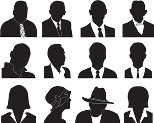 Black silhouettes of avatar heads, profiles of businessmens