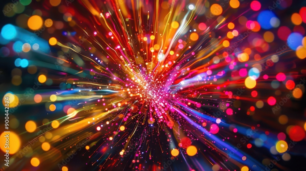 Poster vibrant explosion of multicolored light streaks radiating from the center on a dark background, crea