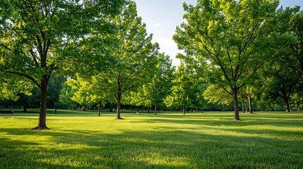 Fototapeta premium Real-life photo capturing several trees closely grouped together horizontally on the grass in a park