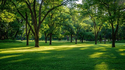 Obraz premium Real-life photo capturing several trees closely grouped together horizontally on the grass in a park