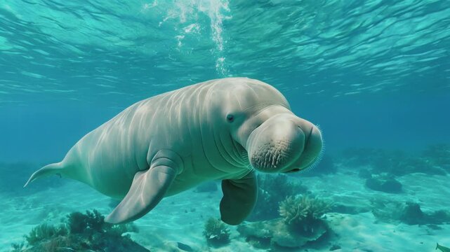 Graceful dugong swims in clear blue water over coral reef - wildlife scene.