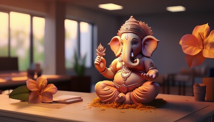 lord Ganesha made of clay placed in the right side of few marigold flowers and oil lamp in the modern hybrid office over an office desk.