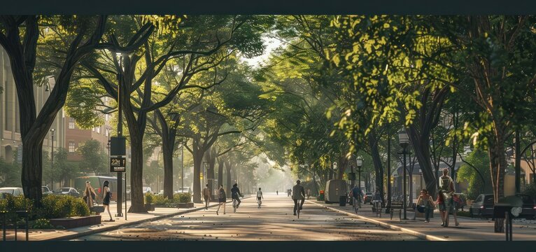 Car free day clean streets under shady trees with people doing sports activities.