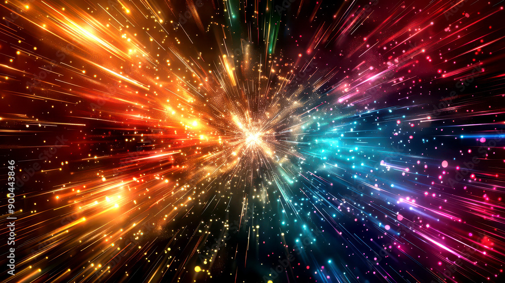 Poster colorful light streaks and sparkles radiating from the center on a dark background, creating a dynam
