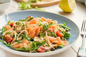 Gourmet Delight: Close-Up 4K Image of Smoked Salmon and Chorizo Salad Dressed with Homemade Olive Oil and Garlic Vinaigrette
