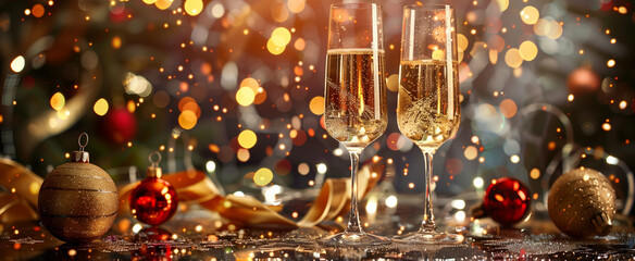 Champagne glasses on New Year s Eve, with blue and orange lights in the background. The scene includes Christmas decorations like balls, ribbons, glitters and blurred lights.